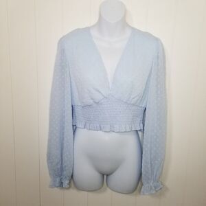 Women's Cropped Blue Sheer Balloon Sleeve Top